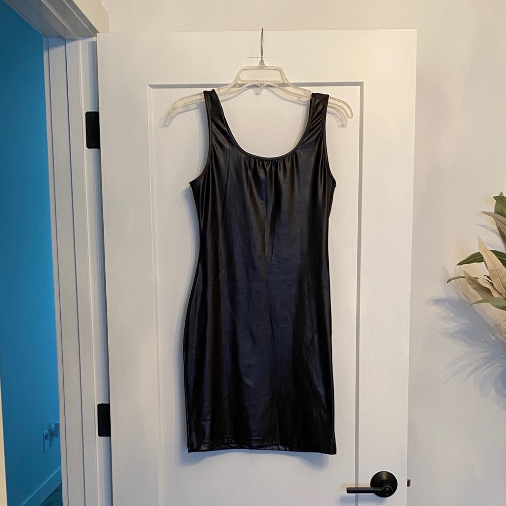 Sleek Faux Leather Black Sleeveless Dress